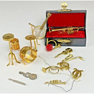 Musical Instruments Dollhouse Miniature Lot Brass Drums Gold Trumpet Banjo